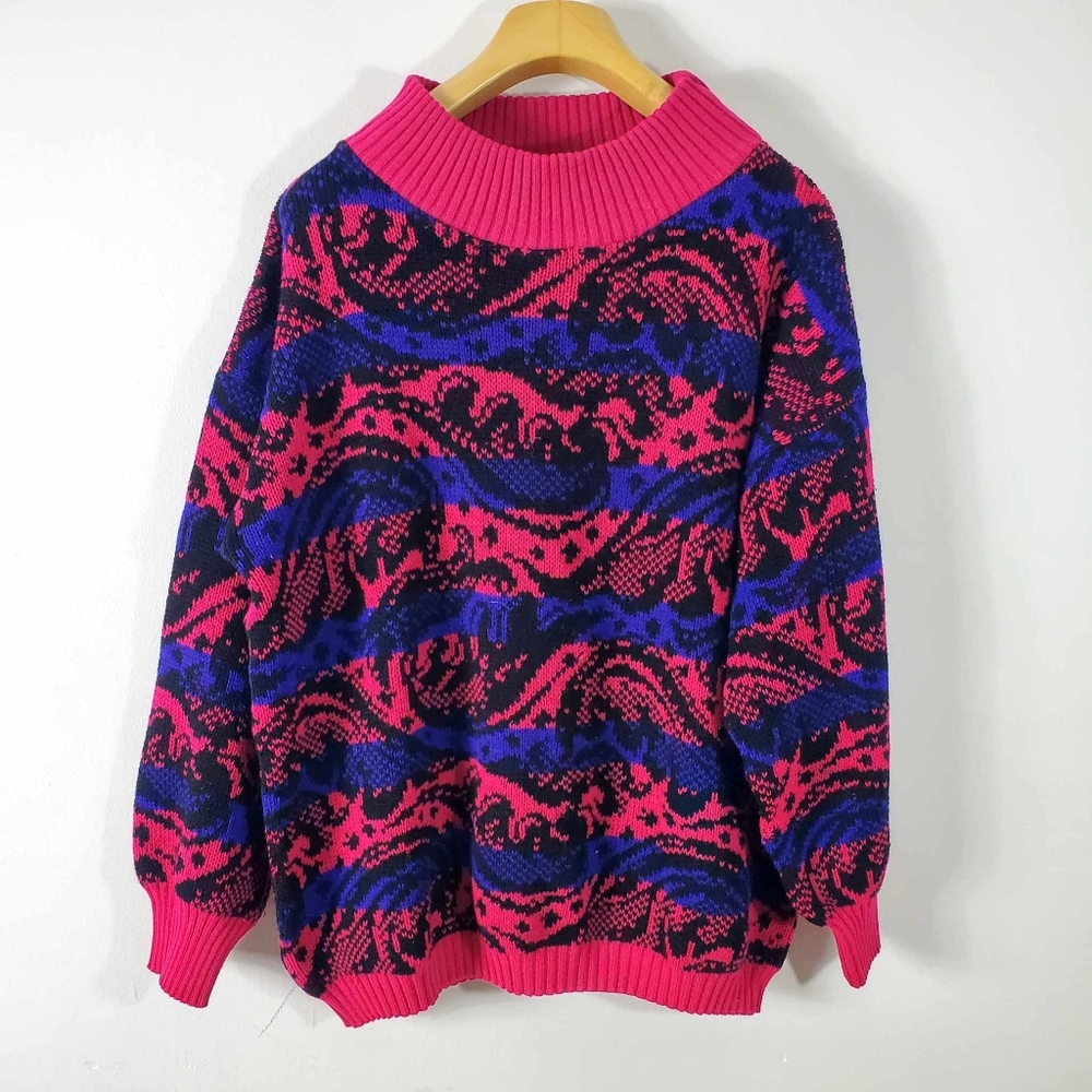 Vintage 90s Knit Sweater Oversized Pullover Blue Pink S/M